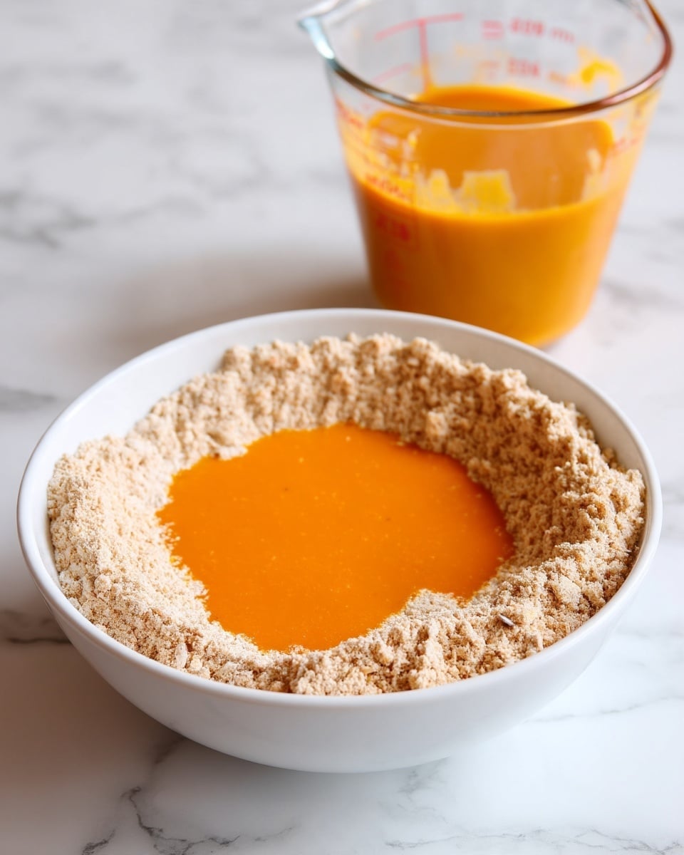 A white bowl sits on a white marbled surface, filled with two layers of ingredients: a thick, light brown flour mixture forming the outer ring, and a bright orange, smooth liquid placed in the center, almost like a well in the flour. In the background on the right top corner, there is a clear glass measuring cup containing a similar bright orange liquid with some texture on the sides. Photo taken with an iphone --ar 4:5 --v 7