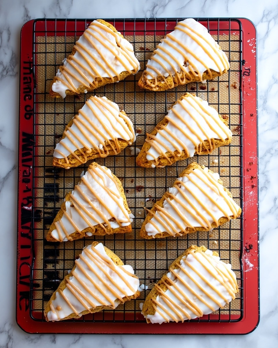 Eight triangular scones are arranged in two vertical rows of four on a black cooling rack over a tan silicone baking mat with red edges. Each scone has two layers of frosting: a smooth white icing layer on top, and thin parallel lines of light brown drizzle running diagonally from the top left to the bottom right. The scones are golden brown with a rough, crumbly texture. The background is a white marbled texture. photo taken with an iphone --ar 4:5 --v 7