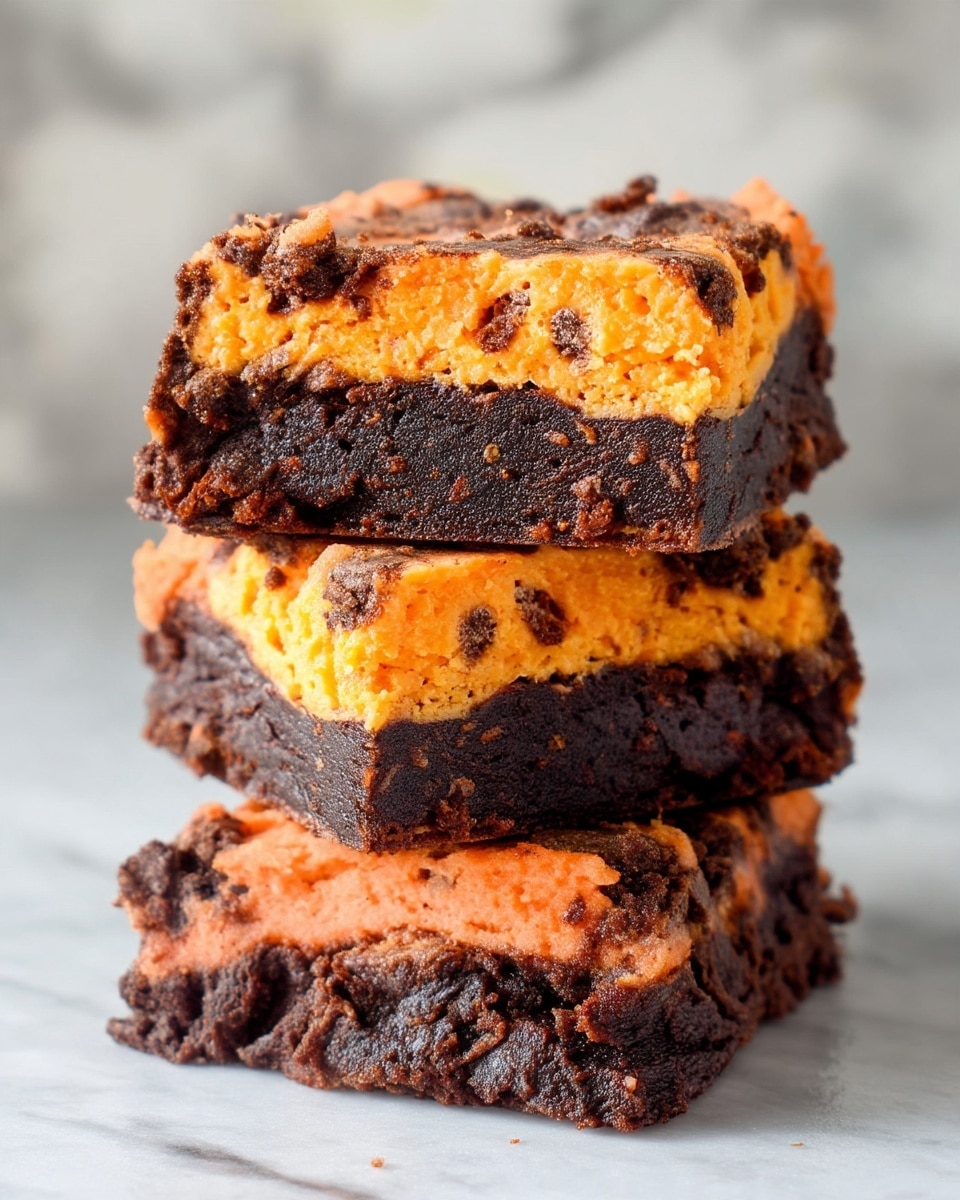 The image shows a stack of three brownies with two layers each: a thick, dark brown bottom layer that looks moist and rich, topped by a swirled orange and darker brown cheesecake layer with a creamy texture and marbled pattern. The edges of the brownies are slightly crumbly. The stack sits on a white marbled surface with a small pumpkin on the left and a jar of milk blurred in the background. A few pieces of more brownies lie scattered around the surface. photo taken with an iphone --ar 4:5 --v 7