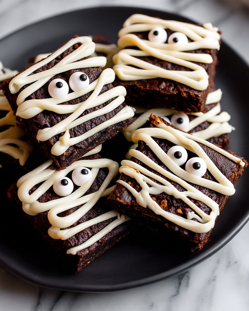The image shows several square-shaped dark brown brownies on a black plate, each decorated to look like mummies. Each brownie has white icing piped in crisscross lines to resemble bandages covering the top and sides. Two small round white candy eyes with black dots are placed near the center of each brownie, peeking out between the icing lines. The brownies have a rough, textured surface beneath the smooth icing. The plate rests on a white marbled surface, and a woman’s hand is partially visible near the edge of the frame. Photo taken with an iphone --ar 4:5 --v 7