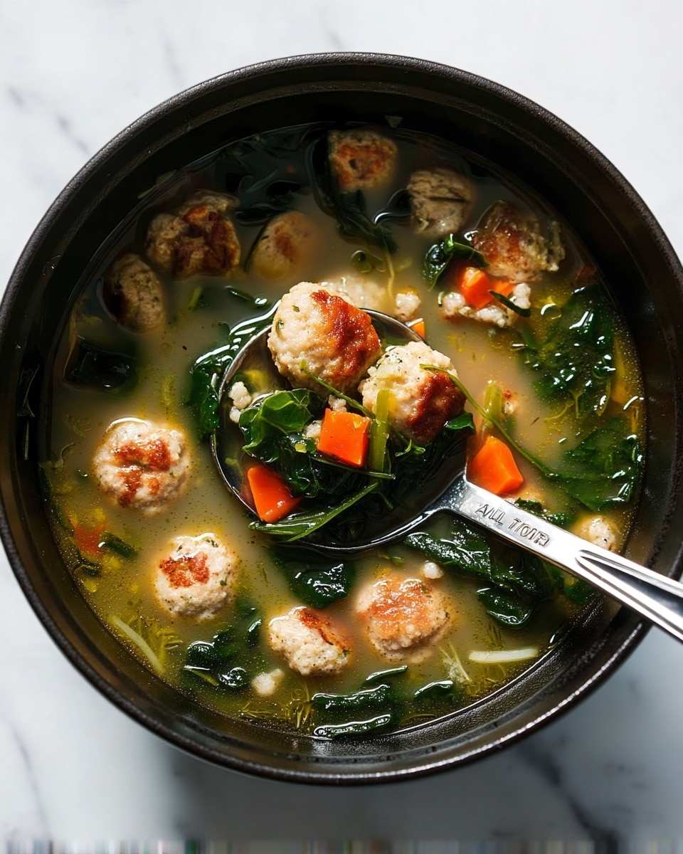 A black bowl sits on a white marbled surface filled with light golden broth soup, containing about three layers: a base layer of translucent broth, a middle layer of small light brown meatballs with browned tops evenly floating, and a top layer of bright green leafy vegetables and small orange carrot slices scattered throughout. A silver spoon with the brand