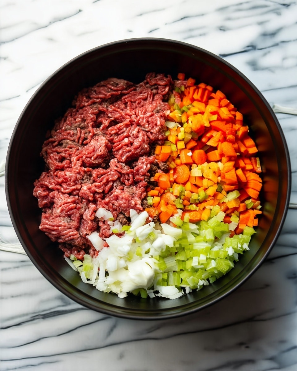 A white bowl placed on a white marbled surface contains raw ground meat filling the bowl in a rough, uneven texture with a deep red color. In the next image, the same bowl holds browned ground meat evenly spread across the bottom, topped with three separate piles of finely chopped vegetables: white onions, green celery, and bright orange carrots, all showing a fresh, crisp texture. Photo taken with an iphone --ar 4:5 --v 7