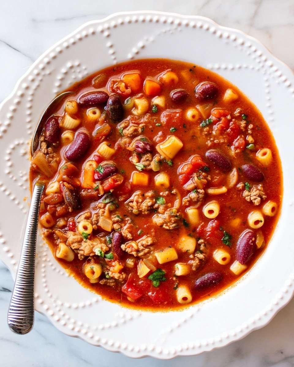 A close-up of a white plate with detailed patterns along the edge, filled with a thick, chunky soup. The soup has a rich red tomato base with visible pieces of ground meat, kidney beans, small pasta tubes, and diced carrots. Bright green herbs are sprinkled on top for color contrast. A silver spoon rests inside the soup on the left side. The plate is set on a white marbled surface. photo taken with an iphone --ar 4:5 --v 7