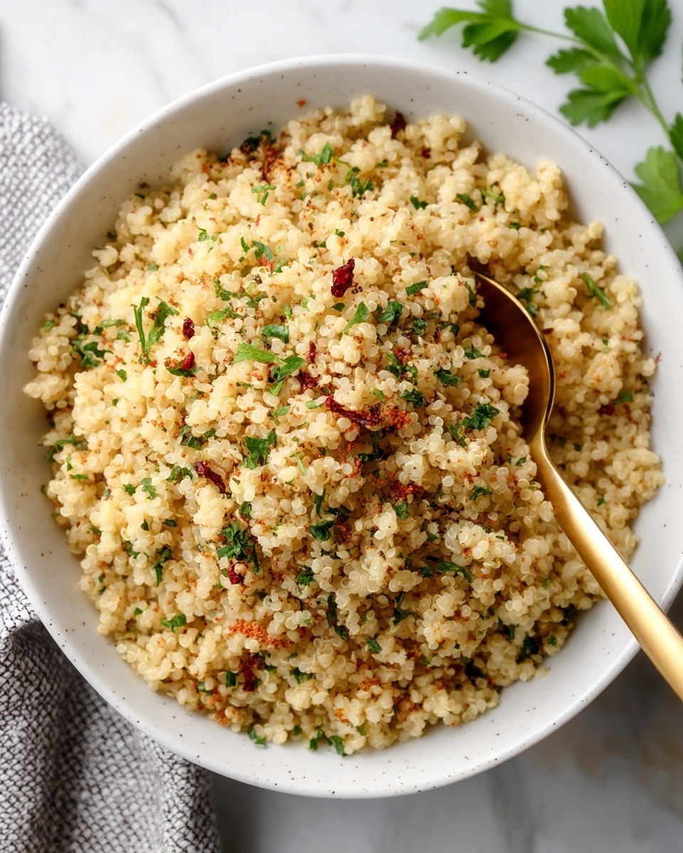 A white bowl is filled with cooked quinoa that looks fluffy and light yellow in color, with small round grains. The quinoa is sprinkled with green chopped herbs and some red spice powder, creating a colorful top layer. There is a golden spoon inside the bowl, resting on the right side, partially covered by the quinoa. The bowl sits on a white marbled surface with some green herbs blurred in the background. photo taken with an iphone --ar 4:5 --v 7