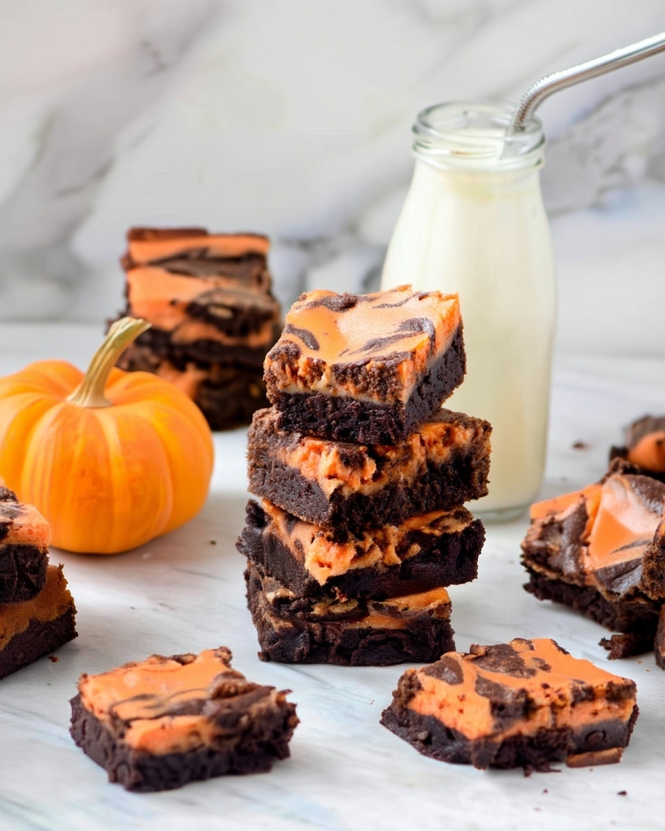 The image shows several brownie squares stacked and scattered on a white marbled surface. Each brownie has two visible layers: a thick, dark brown base with a rich, dense texture, and a top layer with a smooth orange swirl mixed with dark brown swirls, creating a marbled effect. In the center, three brownie squares are stacked one on top of another. To the left, a small bright orange pumpkin sits on the white marbled surface. Behind the brownies and pumpkin, there is a clear glass bottle filled with white milk and a silver straw inside it. The background is a white marble texture. The photo taken with an iphone --ar 4:5 --v 7
