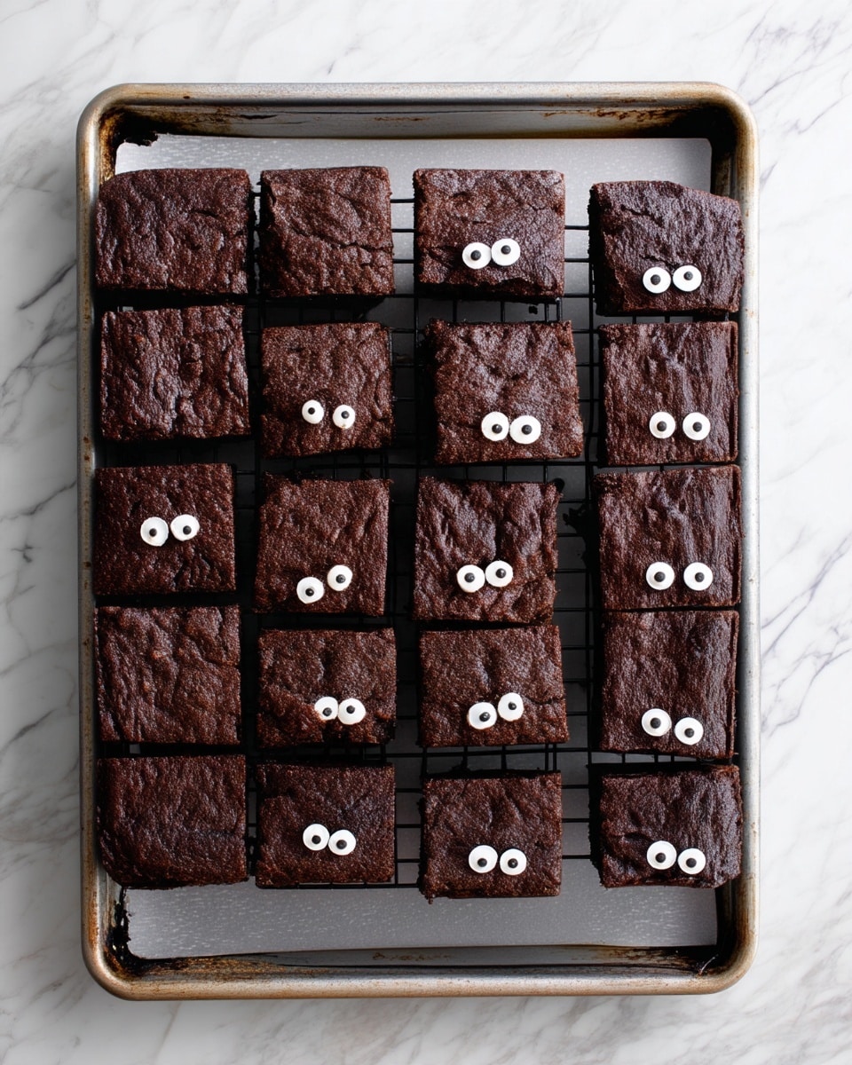 A metal cooling rack holds 16 square chocolate brownies arranged in four rows and four columns on a white marbled surface. Each brownie is thick and dark brown with a slightly rough texture on top. Out of the 16 brownies, 10 have two small, round white candy eyes placed near their centers, giving an appearance of playful faces. The brownies are evenly spaced on the rack, which sits on a baking tray lined with parchment paper. photo taken with an iphone --ar 4:5 --v 7