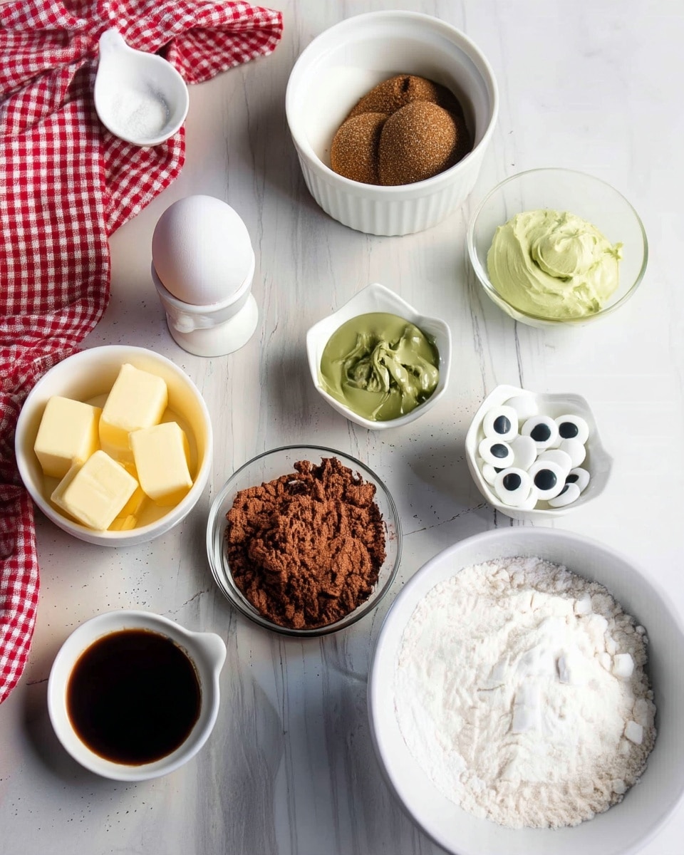 The image shows a collection of baking ingredients arranged on a white marbled surface. There is one whole white egg resting upright in a white egg cup on the left side. Next to it, a small white ceramic bowl holds a mix of light brown and dark brown sugar. In front of that, a small glass bowl is filled with dark brown cocoa powder. Moving to the right, a small white bowl contains a creamy green paste. Nearby, a small round transparent bowl holds several pieces of pale yellow butter. A little white dish to the right of the butter contains white candy eyes with black centers. Below the candy eyes is a large white bowl filled with white flour. At the bottom left corner, there is a small white spoon filled with a dark liquid, likely vanilla. A piece of red and white checkered cloth is partially visible in the top left corner. Photo taken with an iphone --ar 4:5 --v 7