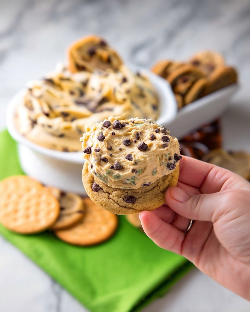 A woman's hand holds a small round chocolate chip cookie topped thickly with creamy cookie dough mixed with small chocolate chips. Behind it, a white bowl is filled with a dollop of the same creamy cookie dough and a cookie standing upright inside. Below the bowl is a green cloth with some stacked crackers and scattered cookies on a white marbled surface. The overall colors are warm browns from the cookies and dough, the bright green cloth, and white background. The photo taken with an iphone --ar 4:5 --v 7