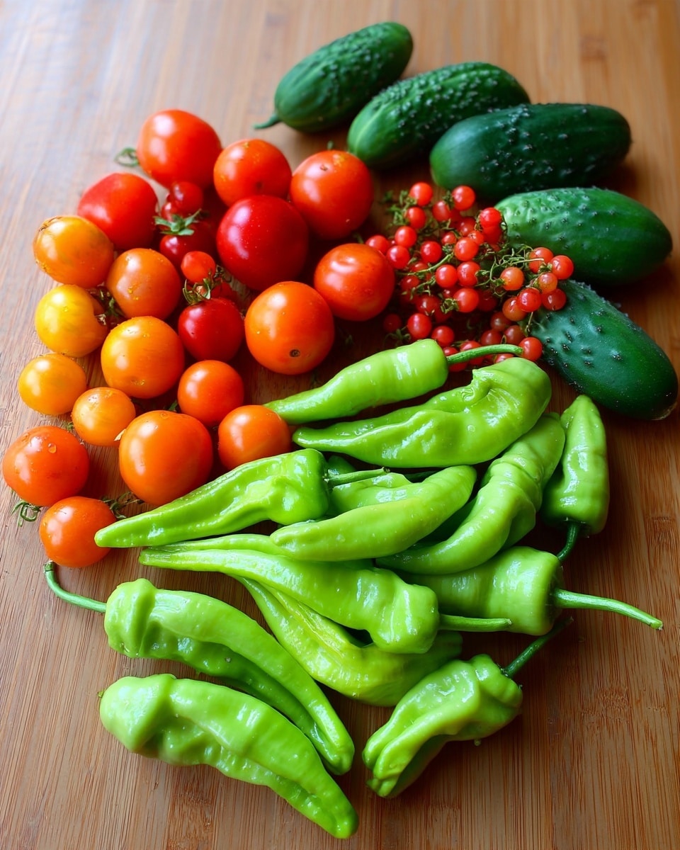 The image shows a fresh collection of vegetables arranged on a wooden surface. In the front, there is a pile of light green long peppers with smooth, shiny skin. Behind them, there are bright red and orange cherry tomatoes in varied shapes and sizes, some round and some slightly oval. Towards the back, there are three small green cucumbers with bumpy dark green skin. On the side, a small bunch of tiny round red berries or tomatoes adds a pop of vibrant color. The vegetables are casually placed in a loose group, showcasing their natural textures and colors, photo taken with an iphone --ar 4:5 --v 7