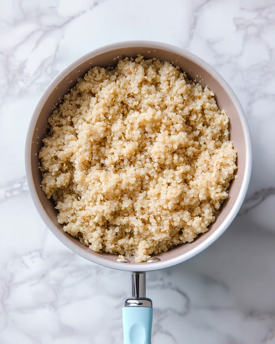 A light grey pot filled with a single layer of cooked quinoa, showing small, soft, beige grains with a slightly fluffy texture, sits on a white marbled surface. The pot has a long pale blue handle extending downward from the bottom center. The quinoa fills the whole pot, with some grains sticking lightly to the sides. photo taken with an iphone --ar 4:5 --v 7