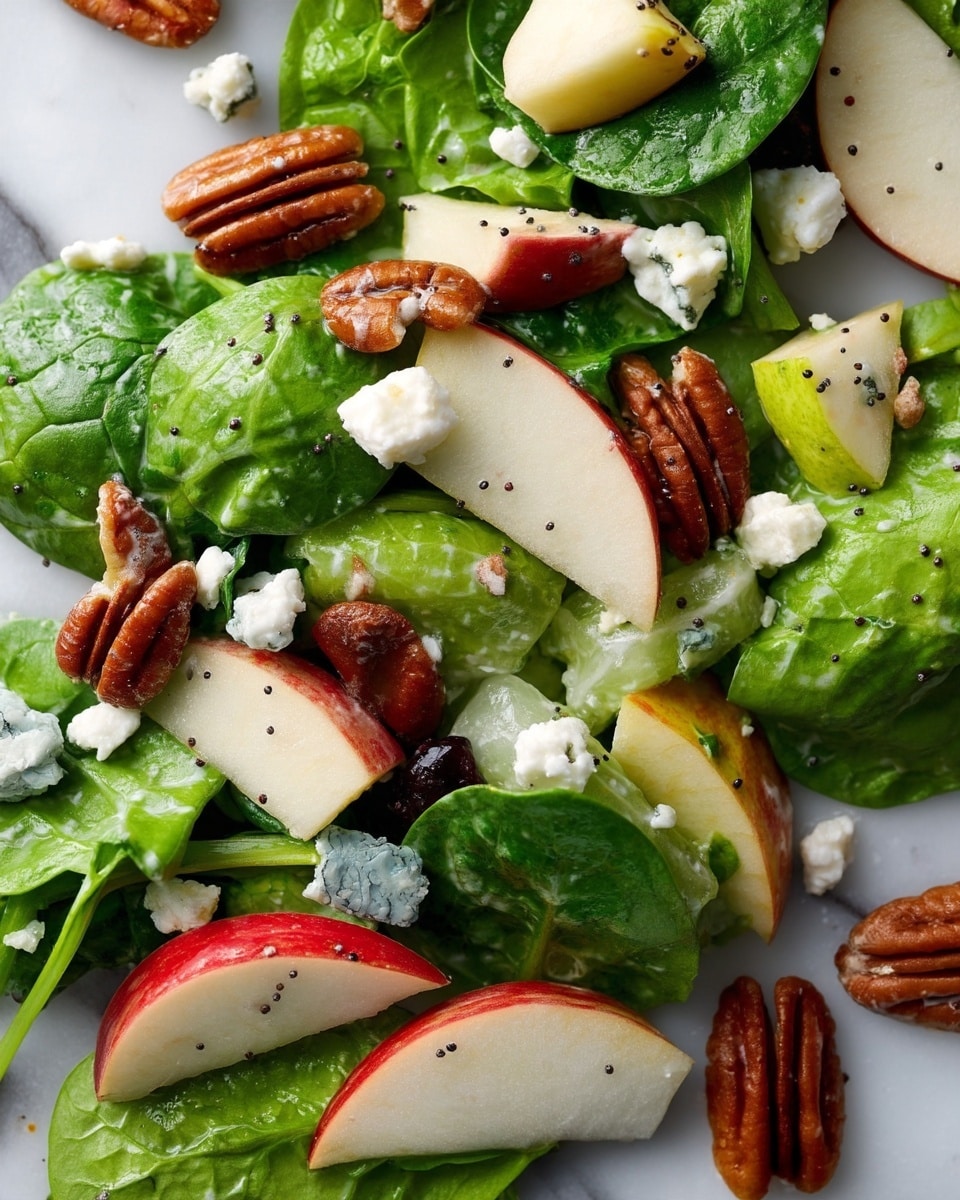 The image shows a close-up of a fresh salad made of several layers: the base layer has bright green leafy spinach with a slightly crinkled texture, mixed with small pieces of pale green lettuce. On top, there are chunks of red and green-skinned apple slices and green pear pieces with smooth skins, all cut into bite-sized cubes. Scattered throughout are whole pecans with a rich brown color and wrinkled texture, along with small white crumbles of soft cheese. Tiny black poppy seeds are sprinkled over the salad, adding contrast and texture. The background is a white marbled surface, enhancing the salad's fresh and colorful look, photo taken with an iphone --ar 4:5 --v 7