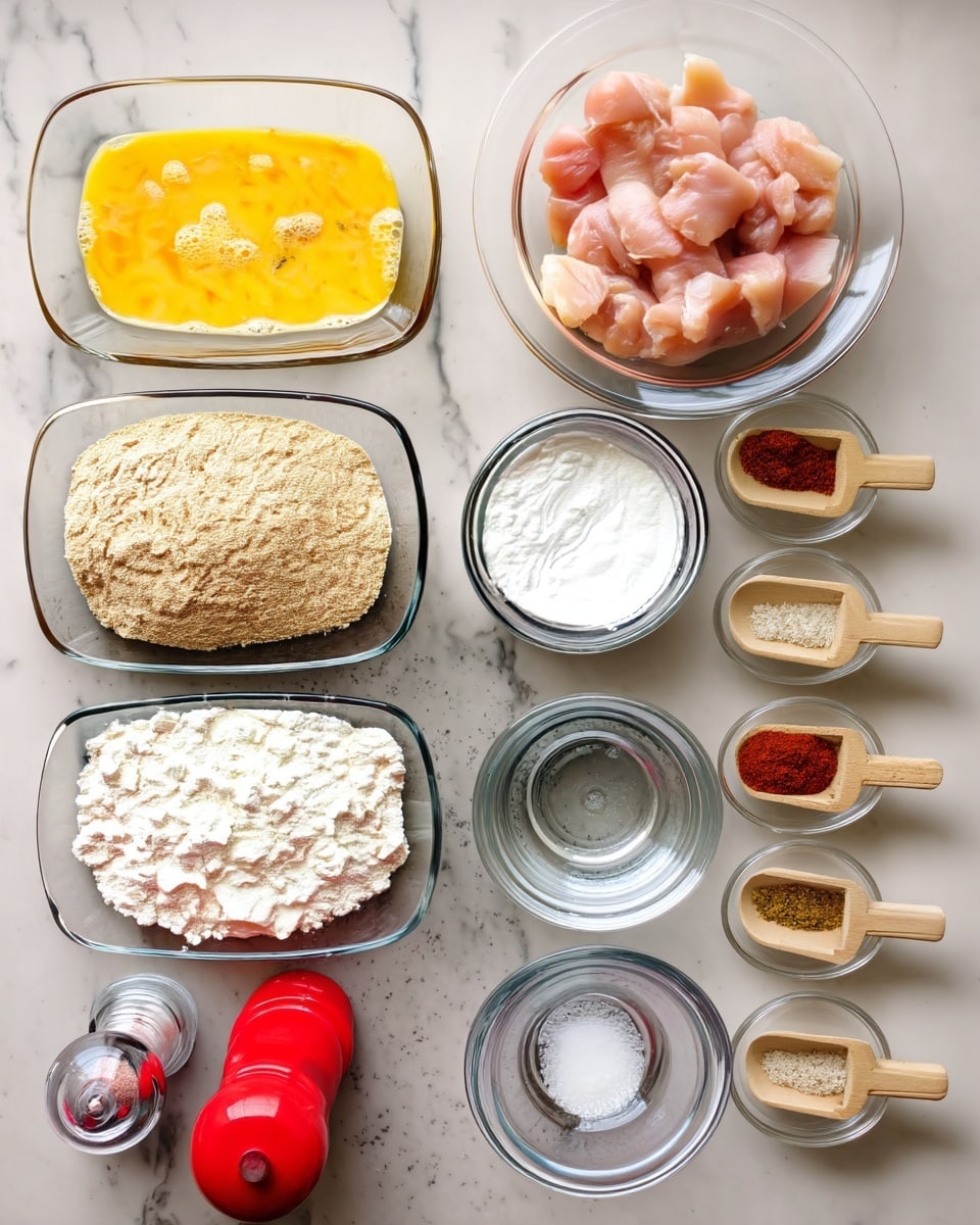 The image shows a flat layout of cooking ingredients on a white marbled surface, arranged neatly. At the top left, there is a rectangular glass dish filled with yellow beaten eggs. To the right, a round clear glass bowl contains raw pink chicken pieces. Below the eggs, another rectangular glass dish holds light brown breadcrumbs, and to its right, a smaller round glass bowl is filled with white cornstarch. Beneath the breadcrumbs, a large rectangular glass dish is filled with white flour. Next to it, a clear glass of water sits, and below are smaller round bowls with salt and spices inside small wooden scoops, including red paprika powder and beige seasoning powder. Two shakers, one clear and one red, are at the bottom. The items are organized in a grid-like pattern. photo taken with an iphone --ar 4:5 --v 7