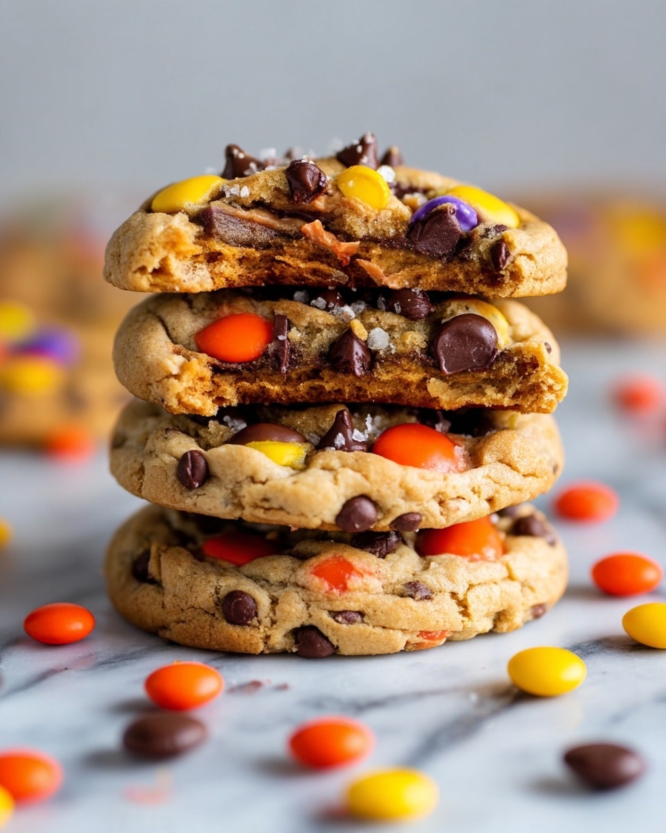 A round white plate holds a stack of about ten chocolate chip cookies scattered with orange, yellow, and dark brown candy pieces. The cookies are placed on black and white checkered paper that covers the plate. Toward the back, a small white bowl filled with more colorful candy pieces sits among the cookies. Next to the bowl is a small white dish containing granulated sugar. Around the plate, small glowing orange pumpkin-shaped lights add a warm touch, all set on a white marbled surface photo taken with an iphone --ar 4:5 --v 7