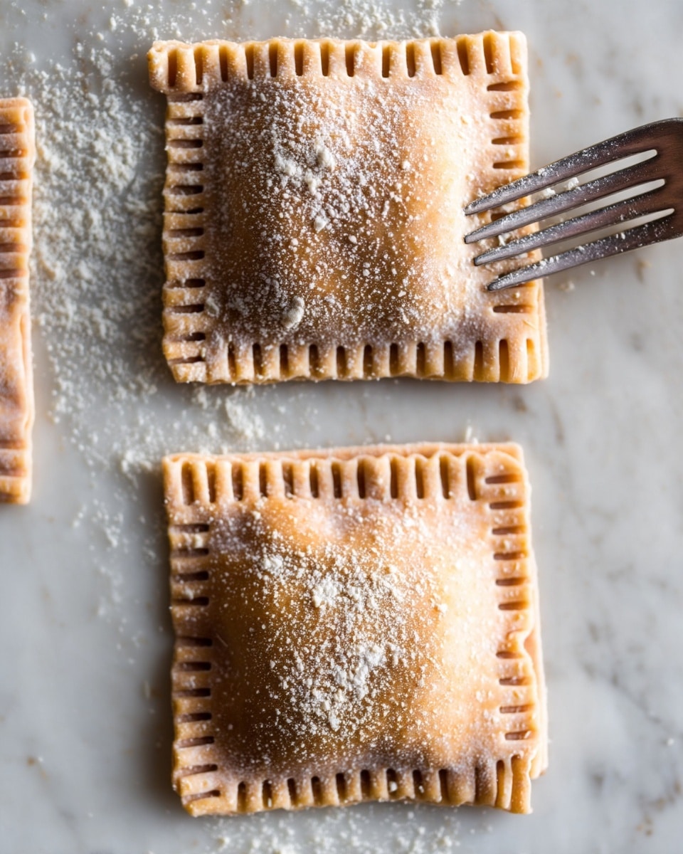 The image shows three square ravioli pieces placed on parchment paper with a white marbled texture underneath. Each ravioli has a light brown dough color and a slightly rough texture, with visible flour dusting. The ravioli edges are pressed down with fork tines to seal the filling inside, creating small uniform indentations along the borders. The middle ravioli is being sealed by a fork held by a metallic silver hand, showing the action of pressing the edges. The ravioli are evenly spaced in a vertical line, with soft natural light coming from the left side. photo taken with an iphone --ar 4:5 --v 7