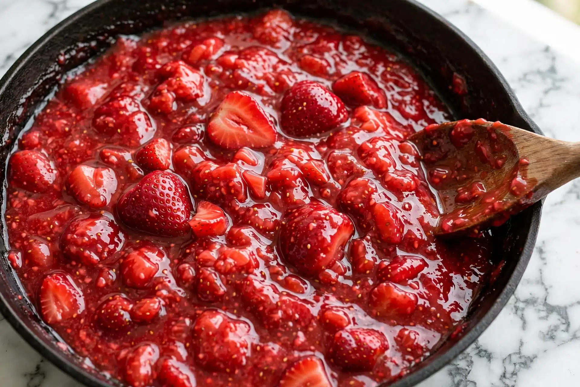 The image shows a thick, rich raspberry sauce with whole and mashed raspberries, featuring bright red and deep pink shades with many tiny seeds visible all over. The sauce is glossy and shiny, sitting in a dark pan with a wooden spoon partially dipped on the right side, lightly covered in the sauce. The background surface has a white marbled texture that contrasts with the vibrant red sauce and dark pan. photo taken with an iphone --ar 4:5 --v 7