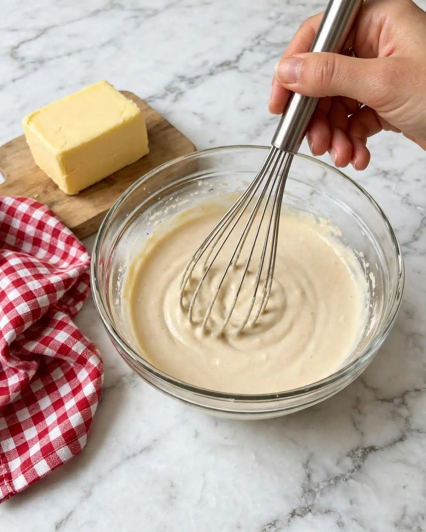Cinnamon Roll Pancakes Recipe 4 A clear glass bowl filled with a smooth, creamy beige mixture is at the center, being whisked by a woman's hand holding a metal whisk. To the left of the bowl, there is a block of yellow butter placed on a small wooden board, with a red and white checkered cloth nearby. The whole scene is set on a white marbled surface. photo taken with an iphone --ar 4:5 --v 7