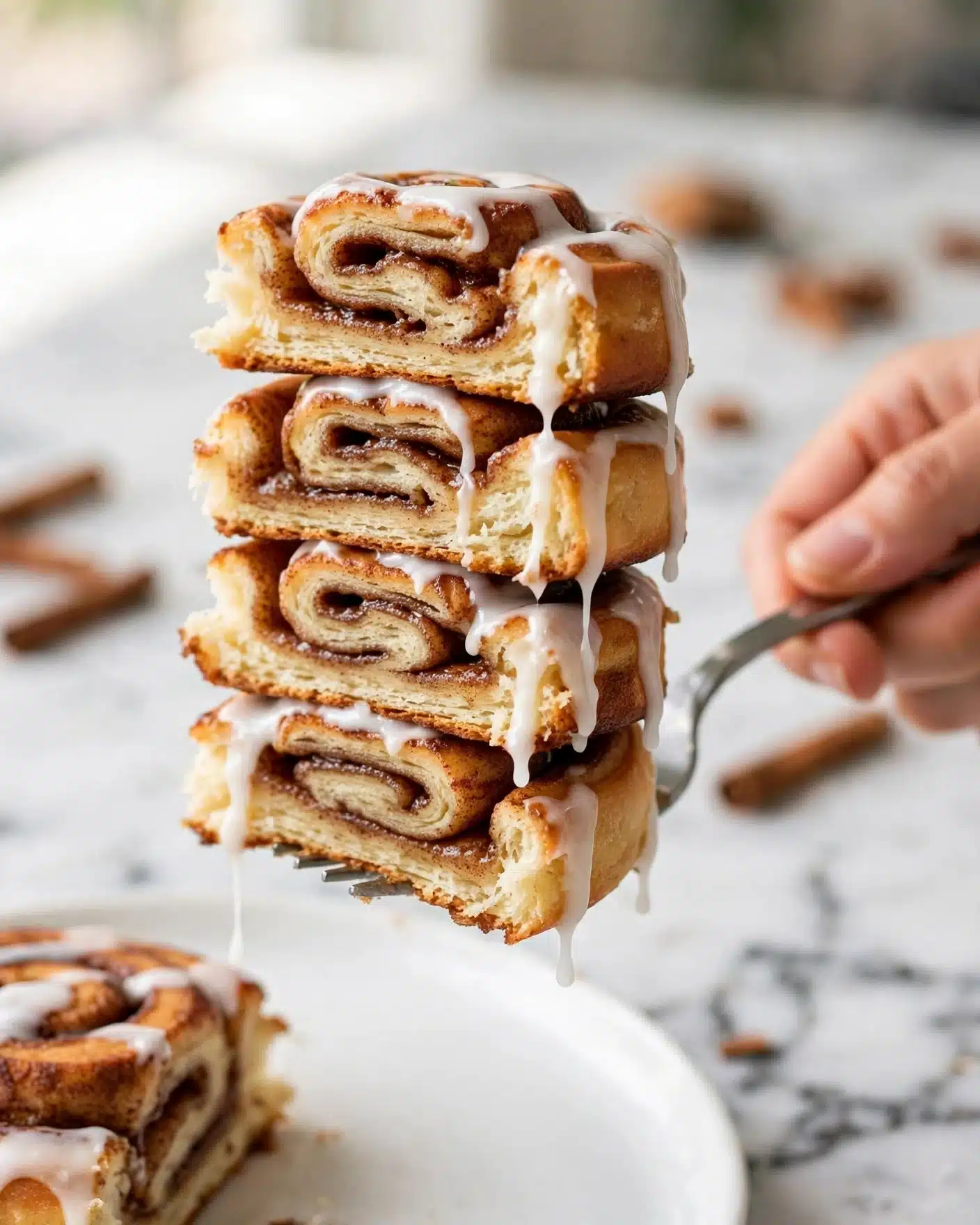 Cinnamon Roll Pancakes Recipe 5 A close-up view of a stack of four pieces of cinnamon roll layers being lifted by a fork. The cinnamon rolls have a golden-brown color with visible cinnamon swirls in each layer. White icing is drizzled over the top, dripping slowly down the sides of the stack. The cinnamon rolls rest on a white plate with part of the roll still visible in the background. The surface is a white marbled texture with blurred cinnamon sticks scattered around. Bright natural light highlights the soft texture of the rolls. Woman's hand holds the fork, lifting the stack. Photo taken with an iphone --ar 4:5 --v 7