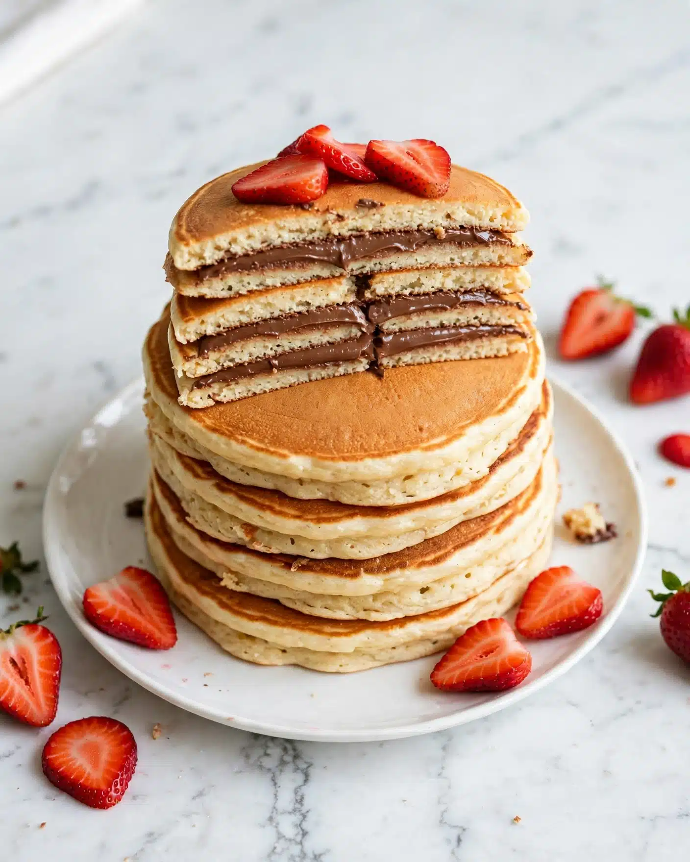 The image shows a white plate with three thick, golden-brown pancakes stacked in two layers: the bottom pancake layer is plain, the middle layer has a spread of dark chocolate filling visible in the cross-section, and the top pancake layer is covered with fresh sliced strawberries that are bright red with white seeds, adding a fresh contrast to the warm pancakes. The plate sits on a white marbled surface, with a silver fork holding a small piece of the sandwich-style pancake with chocolate filling visible inside. In the background, there is a white cup filled with a light brown drink, a small white jug, and more sliced strawberries with another stack of pancakes blurred out. The light is warm and natural, highlighting the colors softly. Photo taken with an iphone --ar 4:5 --v 7