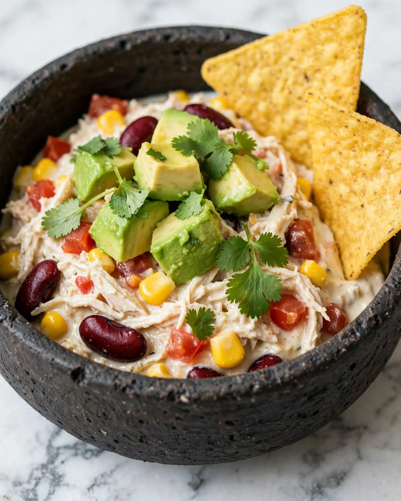 The dish is served in a dark, rough-textured bowl resting on a white marbled surface. The base layer consists of creamy, shredded chicken mixed with visible whole kernels of yellow corn and dark red kidney beans, interspersed with small bits of diced tomatoes. On top of this creamy mixture, chunks of fresh, green avocado are scattered, adding a bright contrast. Green cilantro leaves are sprinkled over the avocado and chicken mixture, giving the dish a fresh and vibrant appearance. Two large yellow tortilla chips are standing upright, partially dipped into the creamy base at the edge of the bowl. The image is close-up, showing the detailed textures of each ingredient. photo taken with an iphone --ar 4:5 --v 7