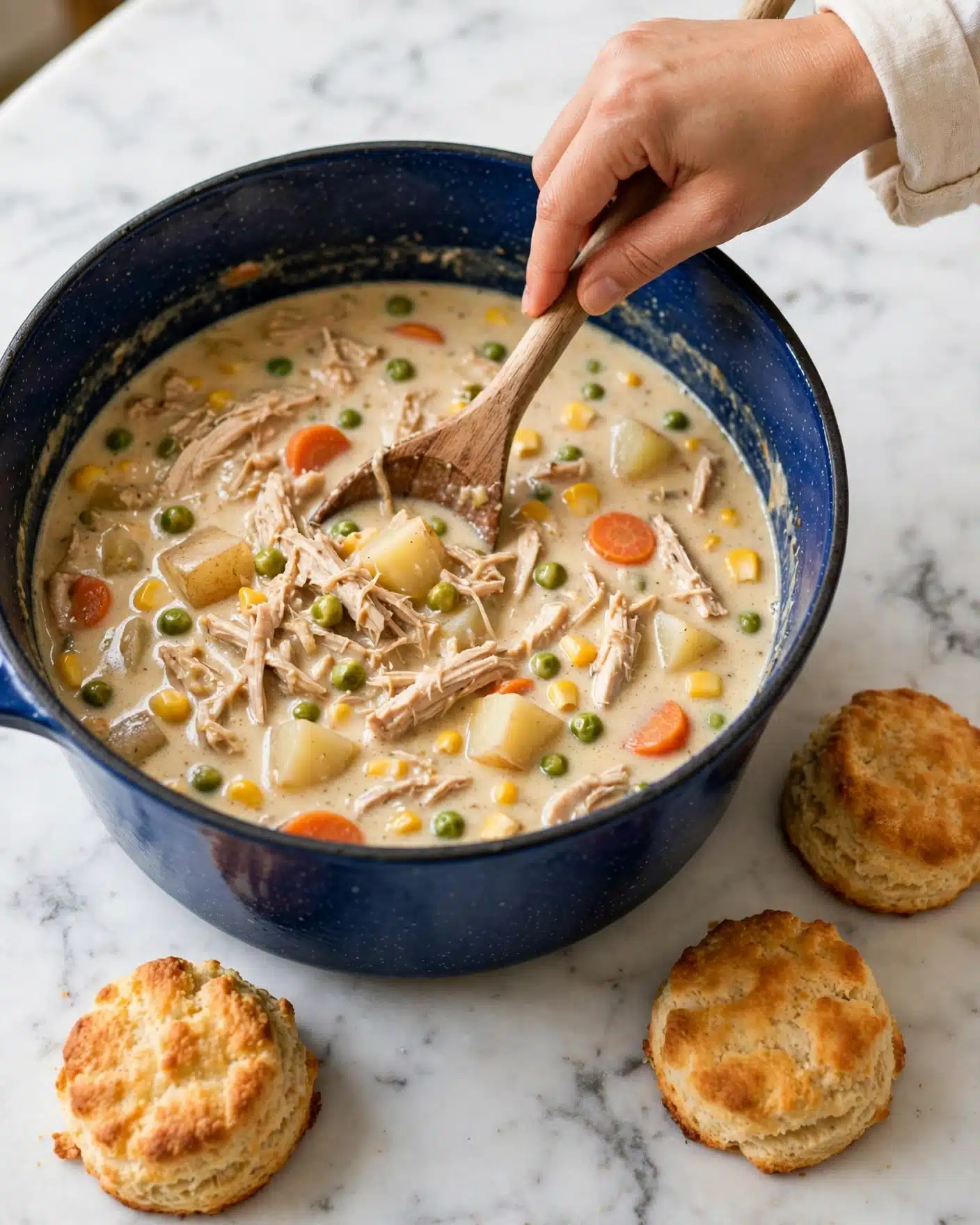 Chicken Pot Pie Soup Recipe 5 A close-up view of a white bowl filled with creamy chicken and vegetable soup showing three main layers: the light golden thick broth as the base, mixed with visible ingredients including shredded white chicken pieces, small bright green peas, orange carrot slices, and small brown mushroom pieces scattered evenly throughout. Bits of fresh green herbs are sprinkled on top along with some ground black pepper giving texture and color contrast. To the side, there are two fluffy golden-brown biscuits resting on a white marbled surface, and a silver spoon with a dark handle laying below the bowl. The setting is bright and natural. photo taken with an iphone --ar 4:5 --v 7
