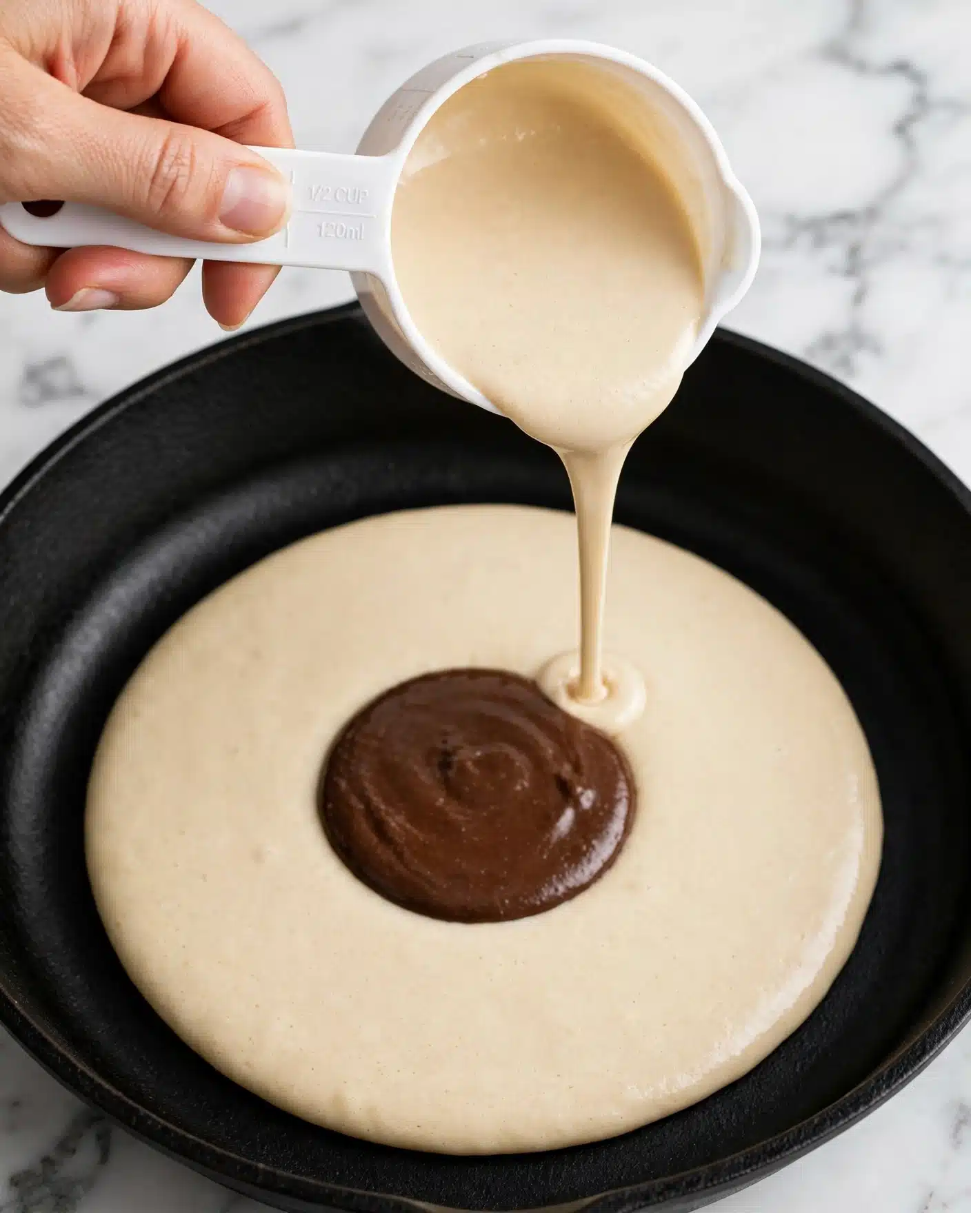 A close-up image shows a woman's hand pouring light beige pancake batter from a white measuring cup into a black skillet. The pancake batter forms a round base layer with smooth edges. On top of the base layer, there is a smaller, thick dark brown circle of chocolate batter in the middle. The black skillet has a soft matte texture, and the background is a white marbled surface. Photo taken with an iphone --ar 4:5 --v 7